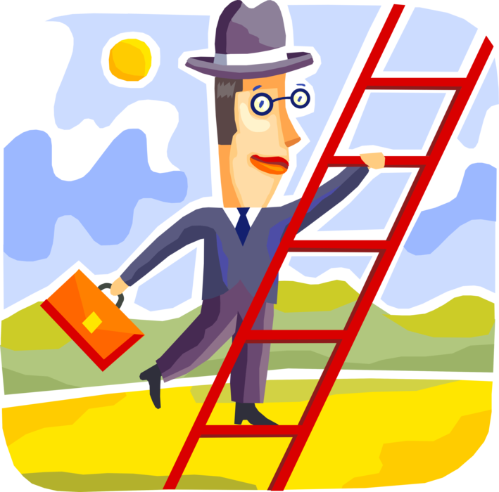 Vector Illustration of Businessman Climbs Ladder to Achieve Success in Business World