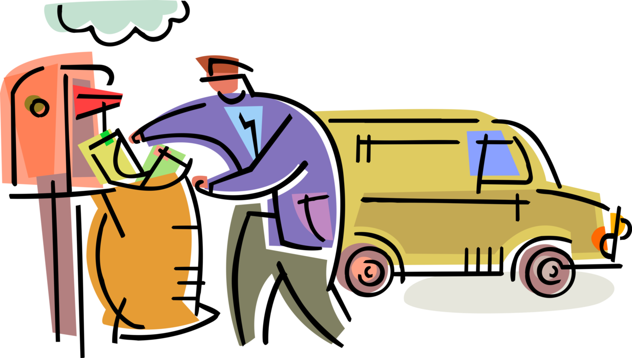 Vector Illustration of Postal Service Mailman Collects Mail from Letter Box or Mailbox Receptacle for Incoming Mail