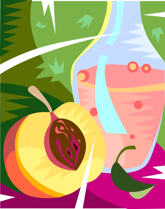 Vector Illustration of Sliced Fruit Peach and Juice in Serving Pitcher Jug