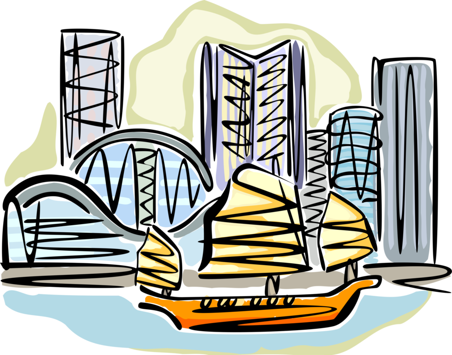 Vector Illustration of Chinese Junk Sailing Seagoing Vessel Ship Juxtaposed with Hong Kong Skyline Office Tower Buildings
