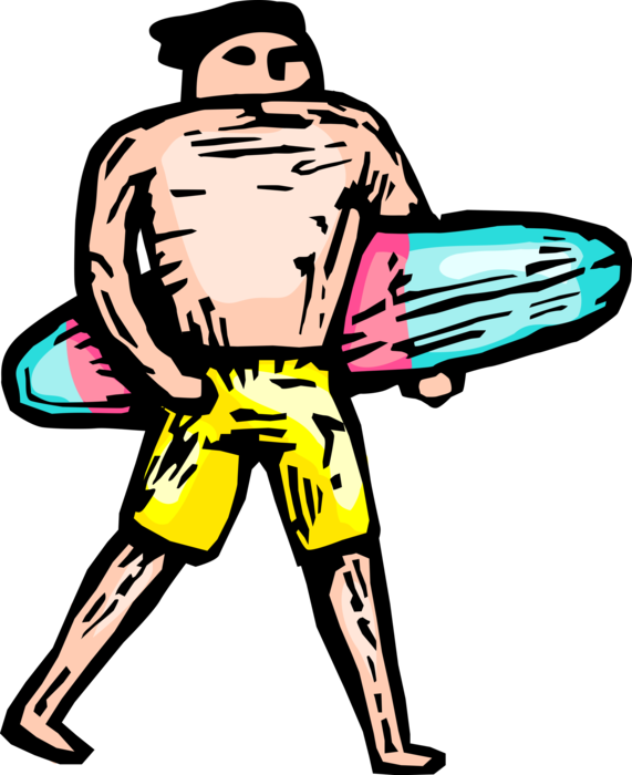 Vector Illustration of Surfer Carries Surfboard to Beach for Day of Surfing Ocean Waves