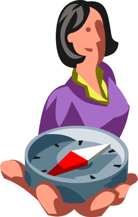 Vector Illustration of Businesswoman with Magnetic Navigation Compass Determines Correct Business Direction