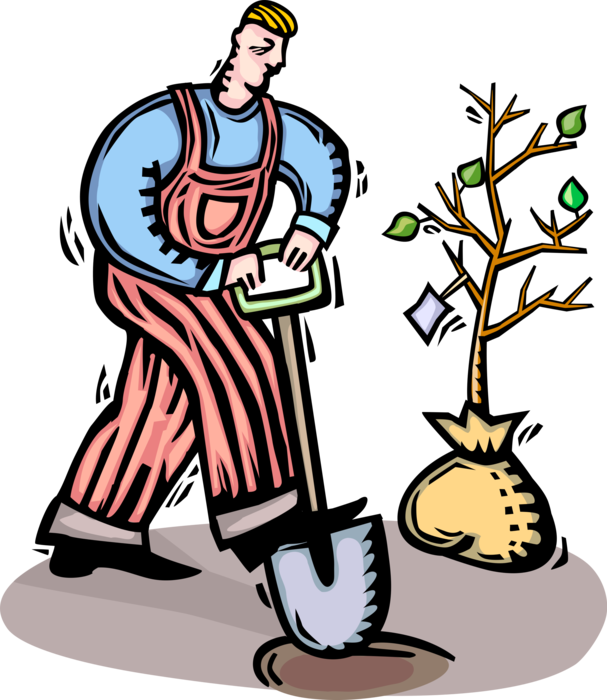 Vector Illustration of Gardener Plants Tree Shrub in Dirt Soil with Shovel