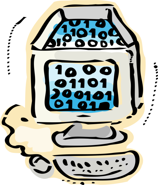 Vector Illustration of Computer Workstation Monitor and Keyboard with Digital Binary Code