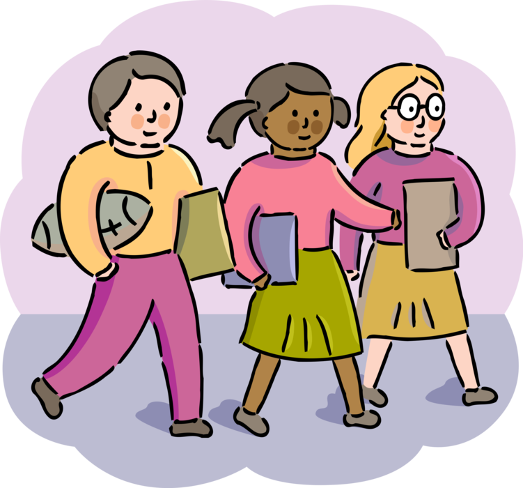 Vector Illustration of Best Friend Students Walk to School with Homework Assignments