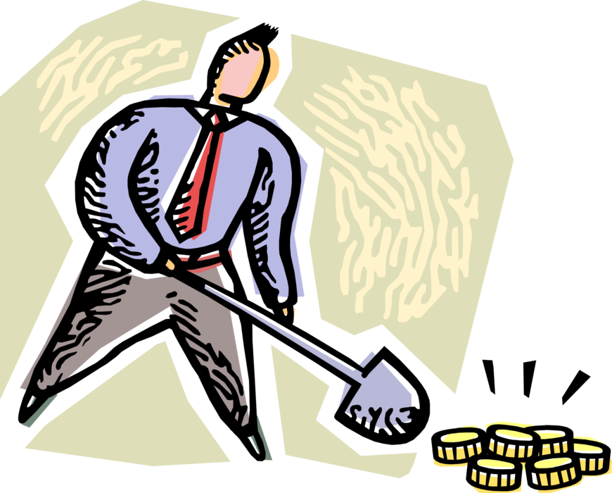 Vector Illustration of Businessman with Shovel and Gold Coins