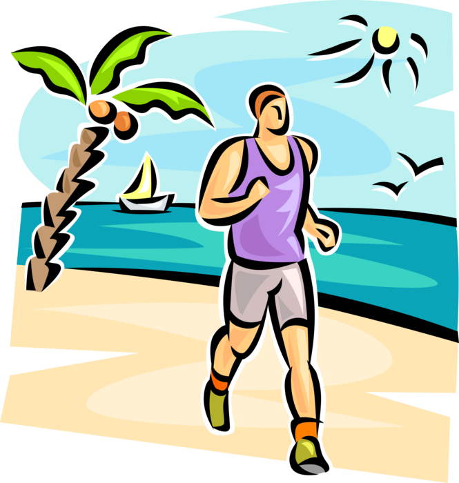 Vector Illustration of Jogging Jogger Running on Beach with Seashore and Palm Tree