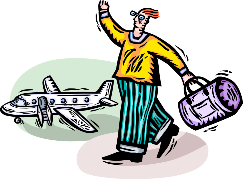Vector Illustration of Holiday Vacation Traveler with Luggage Embarks on Airline Travel on Jet Airplane Aircraft