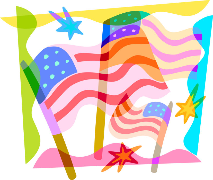 Vector Illustration of Celebrating Independence Day 4th of July Celebration with American Flags and Fireworks