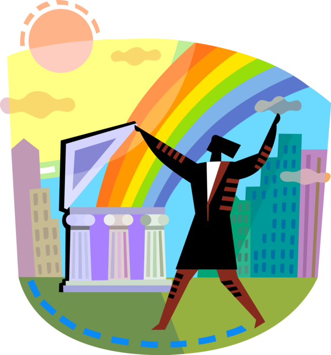 Vector Illustration of Businesswoman Channels Good Luck Rainbow Bringing Fresh Beginning, and Financial Prosperity