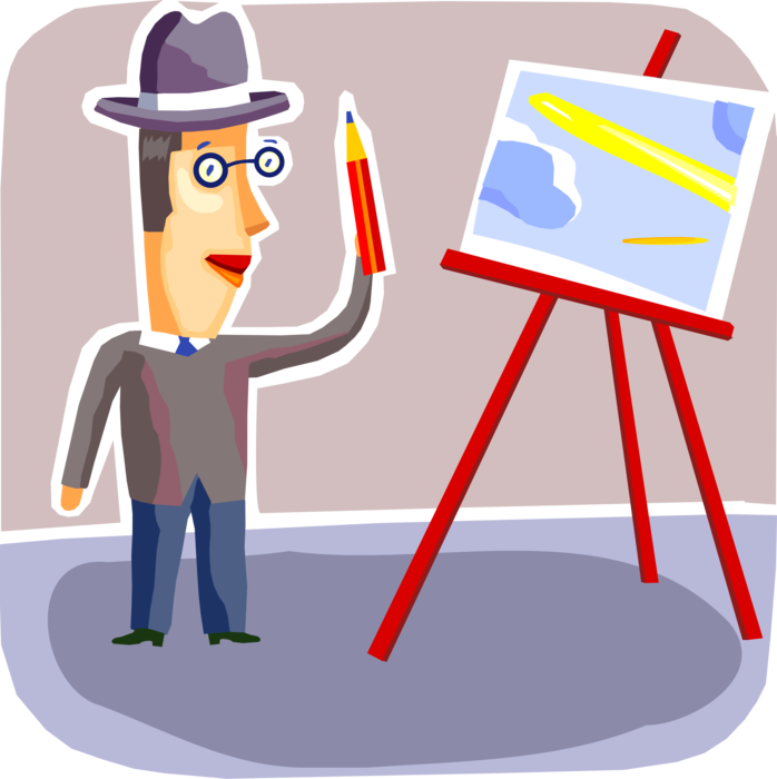 Vector Illustration of Businessman Artist with Pencil Writing Instrument Draws Picture on Easel