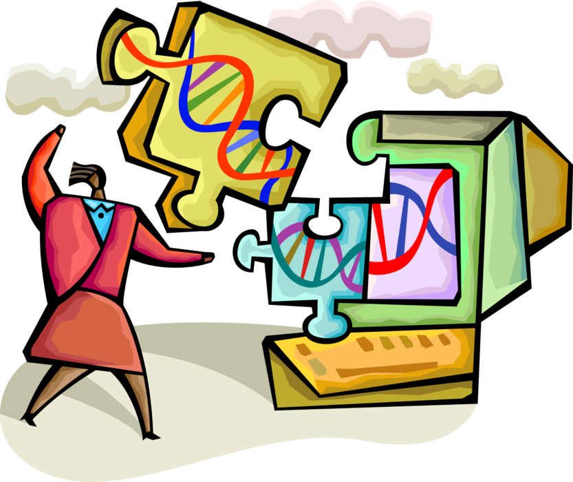 Vector Illustration of Fitting Pieces of Genetic Puzzle Together with Double Helix DNA Deoxyribonucleic Acid Molecule
