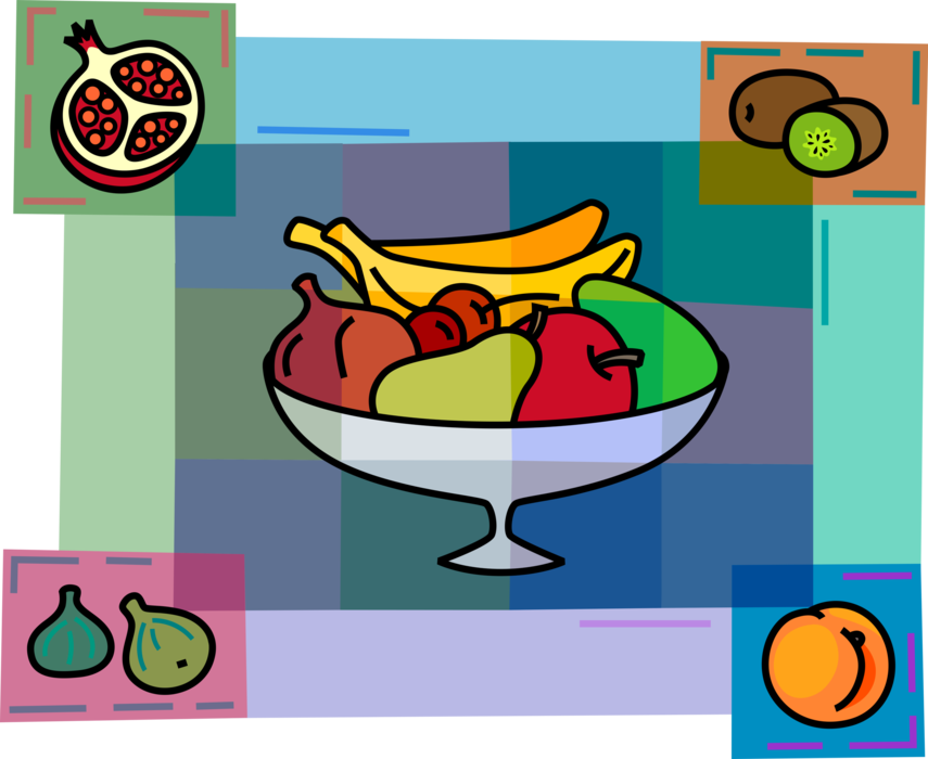 Vector Illustration of Fruit Bowl with Bananas, Pears, Apples, Kiwi, Figs, Pomegranate Fruits