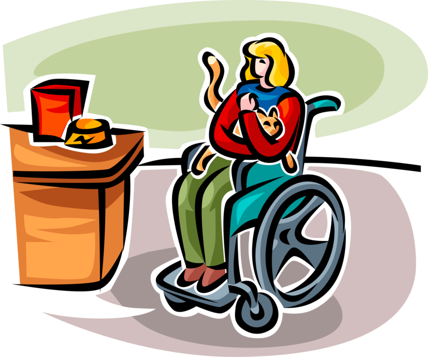 Vector Illustration of Disabled Woman in Handicapped Wheelchair with Domestic Housecat Pet Cat Kitten