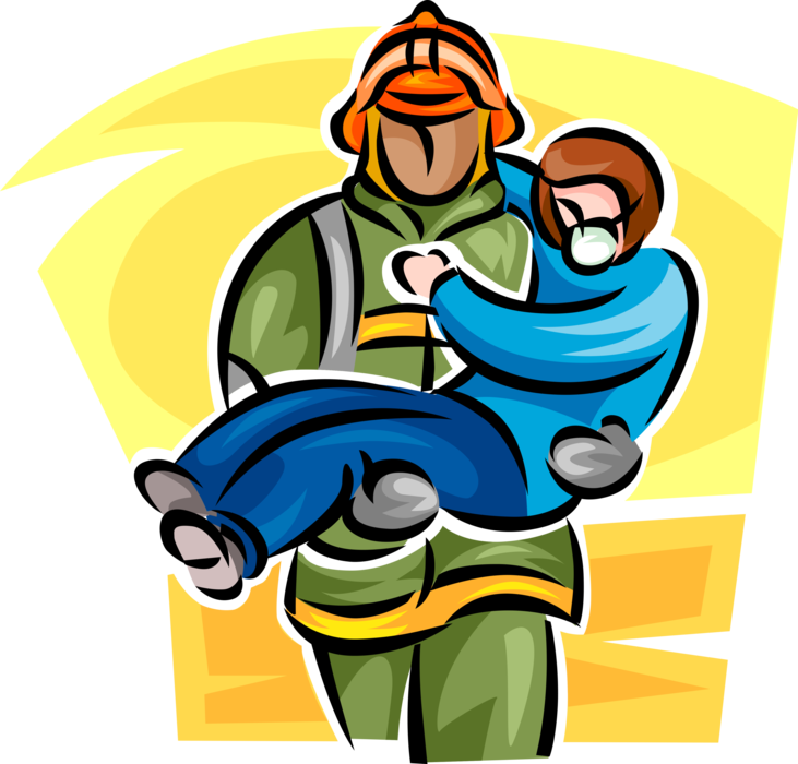 Vector Illustration of Firefighter Fireman Emergency Services Worker Carries Injured Accident Victim