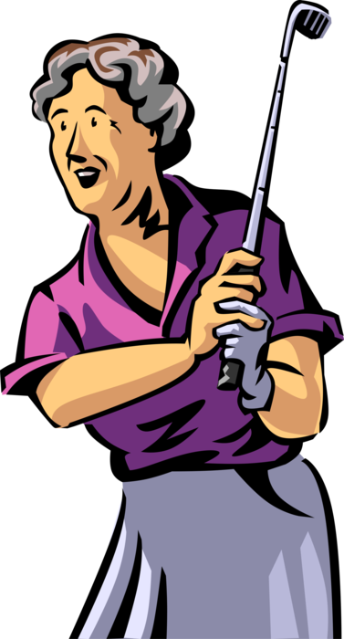 Vector Illustration of Retired Elderly Senior Citizen Golfer Swings Club While Golfing in Round of Golf