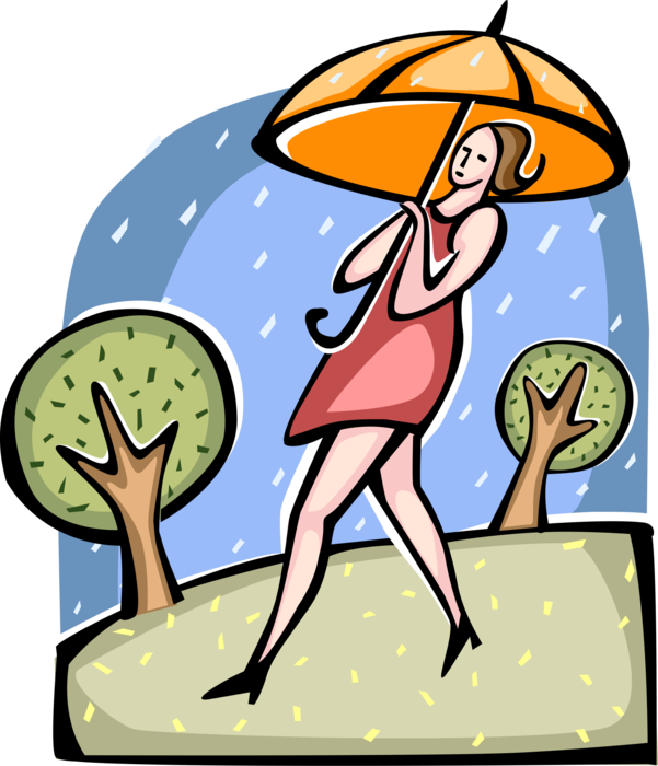 Vector Illustration of Woman Caught in Rainstorm with Umbrella with Forest Trees and Falling Rain