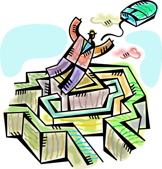 Vector Illustration of Businessman Uses Computer Technology to Navigate Maze Labyrinth with Walls and Passageways