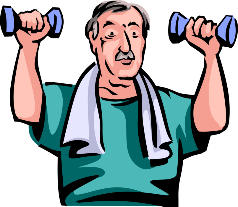 Vector Illustration of Retired Elderly Senior Citizen Stays Fit Through Physical Fitness Bodybuilding and Weight Lifting