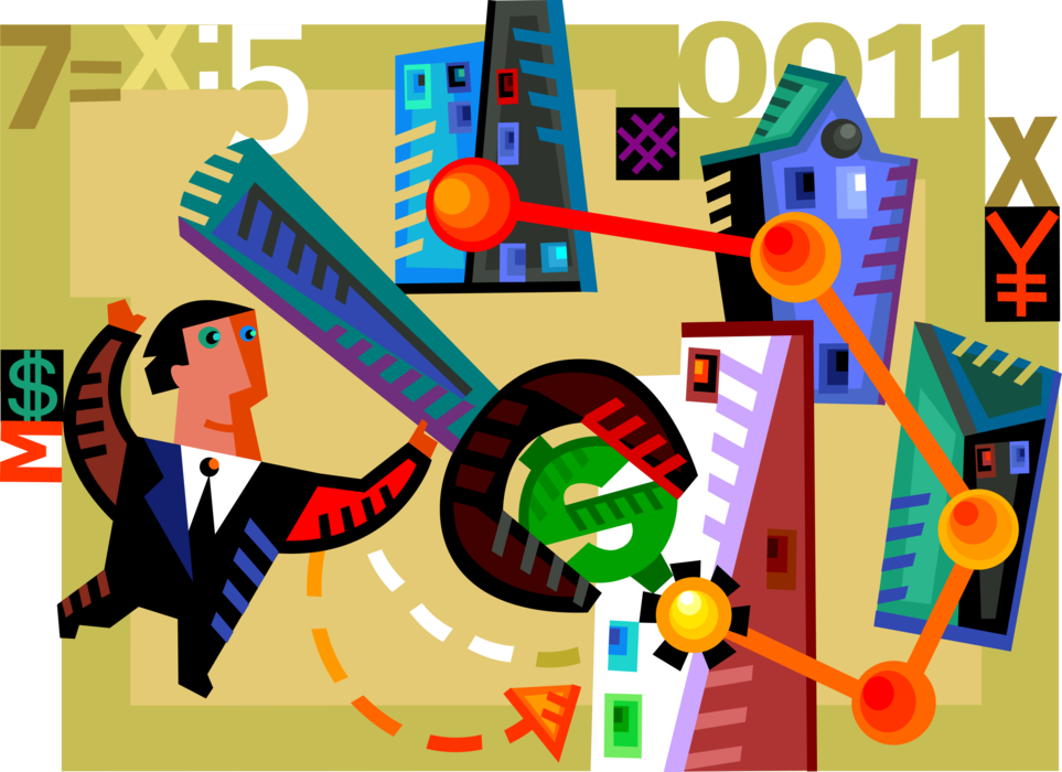 Vector Illustration of Industrialist Businessman Calibrates Financial Investments in Manufacturing Industry Factories with Wrench 