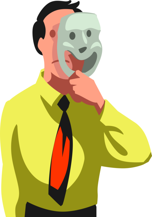Vector Illustration of Disillusioned Businessman Hides Behind Smiling Mask