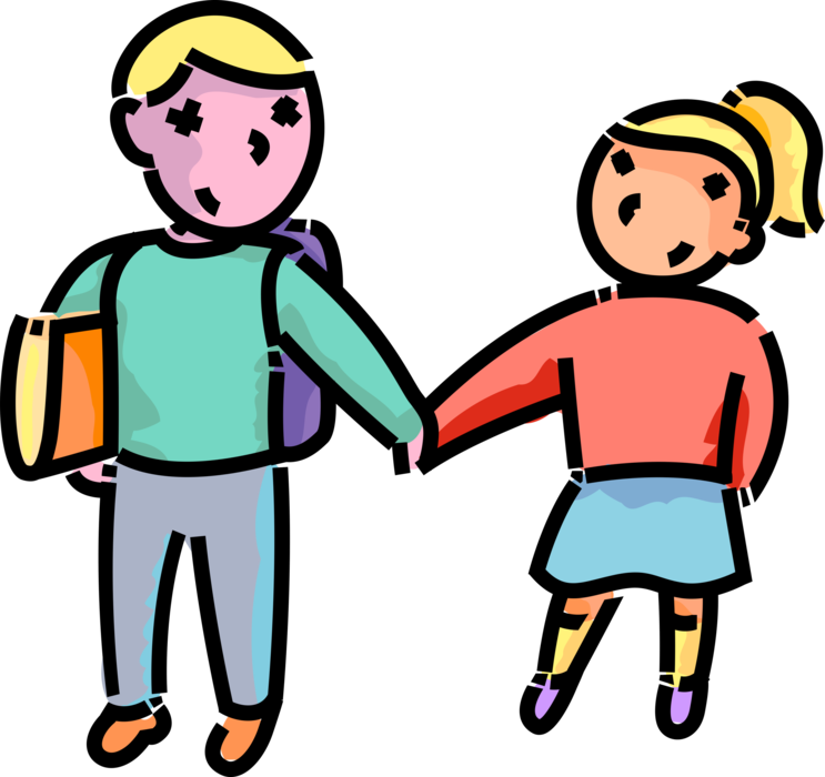 Vector Illustration of Primary or Elementary School Students Brother and Sister Hold Hands Walking to School