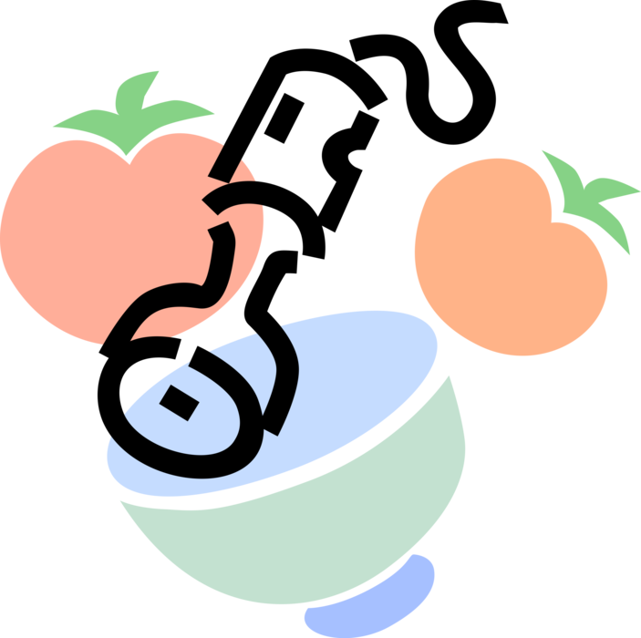 Vector Illustration of Kitchen Appliance Electric Food Mixer Blender with Tomatoes and Bowl