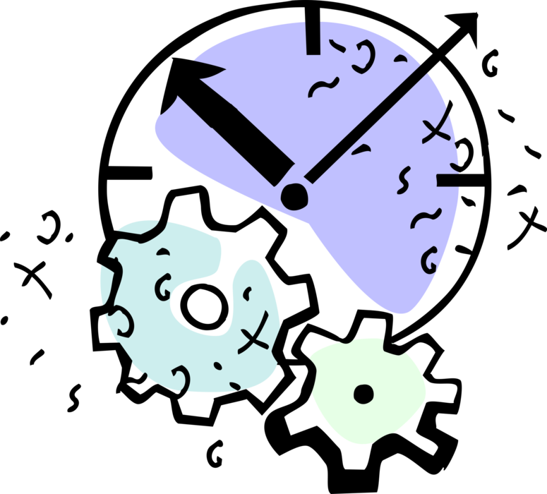 Vector Illustration of Industrial Cogwheel Gears of Manufacturing Process with Clock Hands of Time