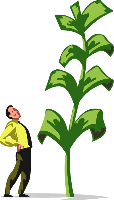 Vector Illustration of Businessman Gardener Admires Cash Money Dollar Tree
