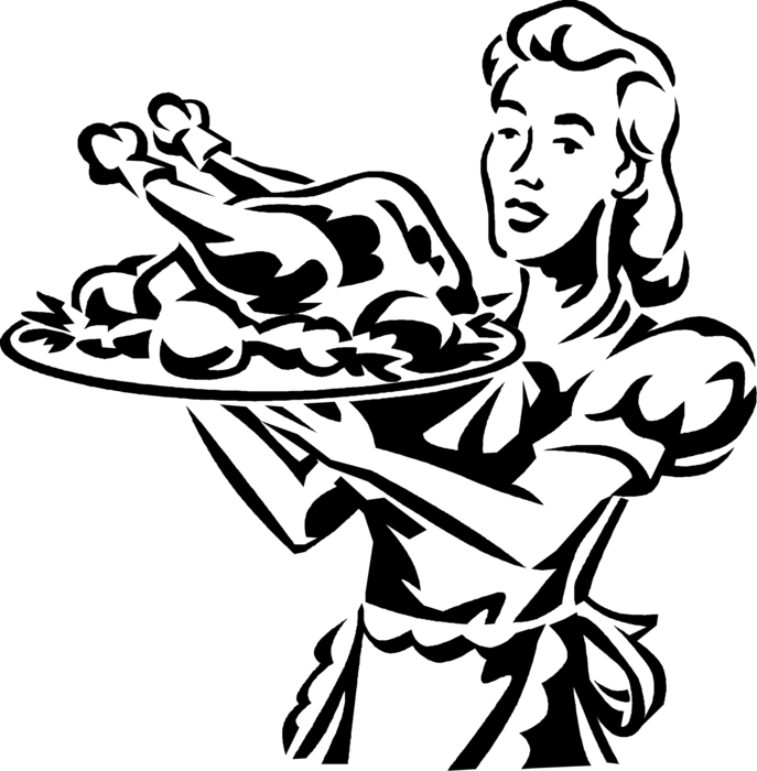 Vector Illustration of Mother Serves Christmas or Thanksgiving Fowl Roast Chicken or Turkey Dinner