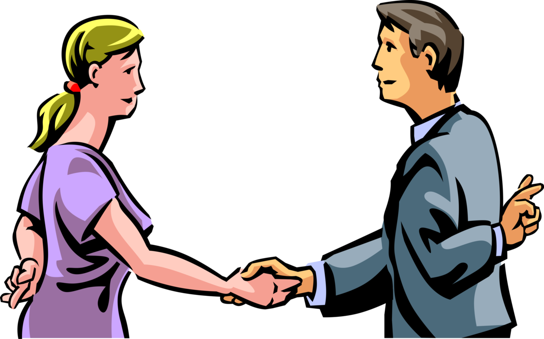 Vector Illustration of Dishonest Business People Shake Hands with Crossed Fingers Behind Their Backs