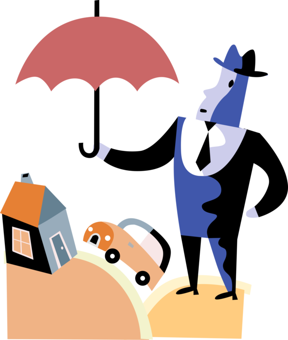 Vector Illustration of Businessman Purchases Homeowner Property Insurance to Avoid Risk with Umbrella Protection