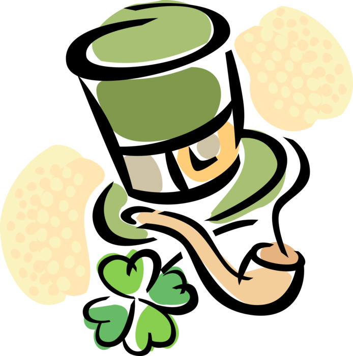 Vector Illustration of St Patrick's Day Irish Leprechaun Hat with Lucky Shamrock and Smoking Pipe
