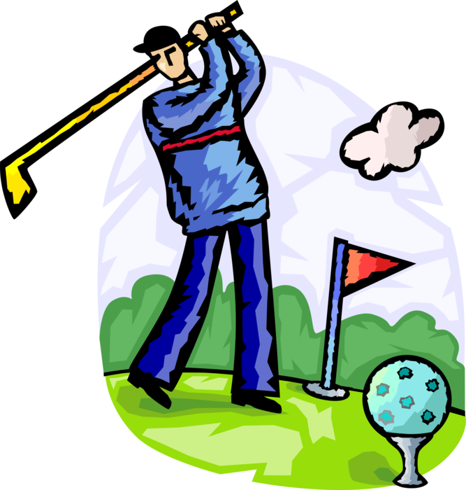 Vector Illustration of Sport of Golf Golfer Tees Off During Golfing Game with Golf Club and Ball