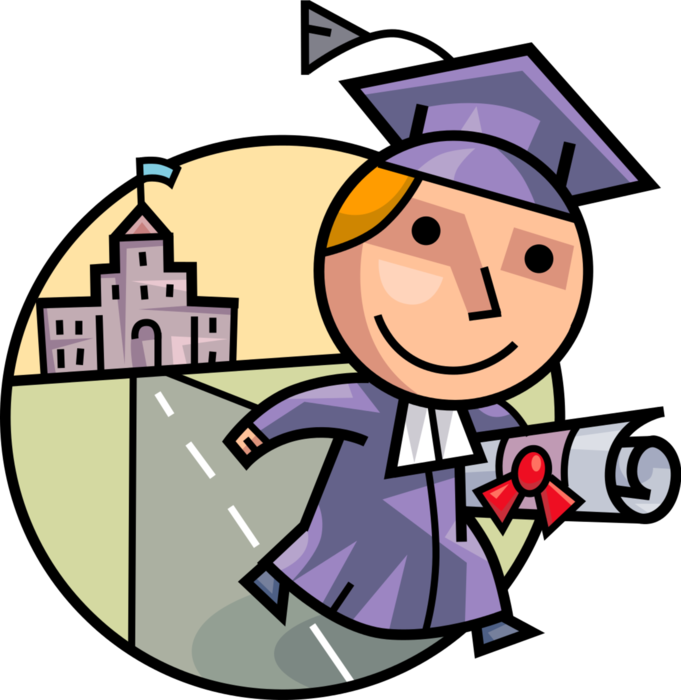 Vector Illustration of High School, College, University Graduate Leaves School on Graduation Day with Diploma Degree