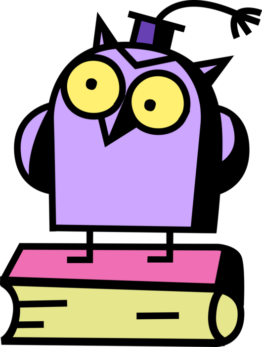 Vector Illustration of Wise Education Owl with Graduate Cap Stands on Schoolbook Textbooks