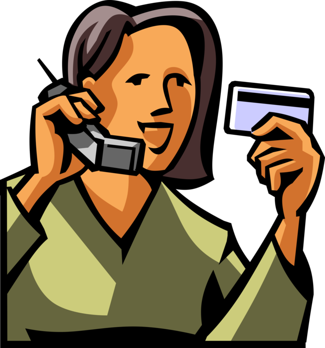 Vector Illustration of Shopper Completes Sales Transaction on Mobile Cell Phone with Credit Card Information