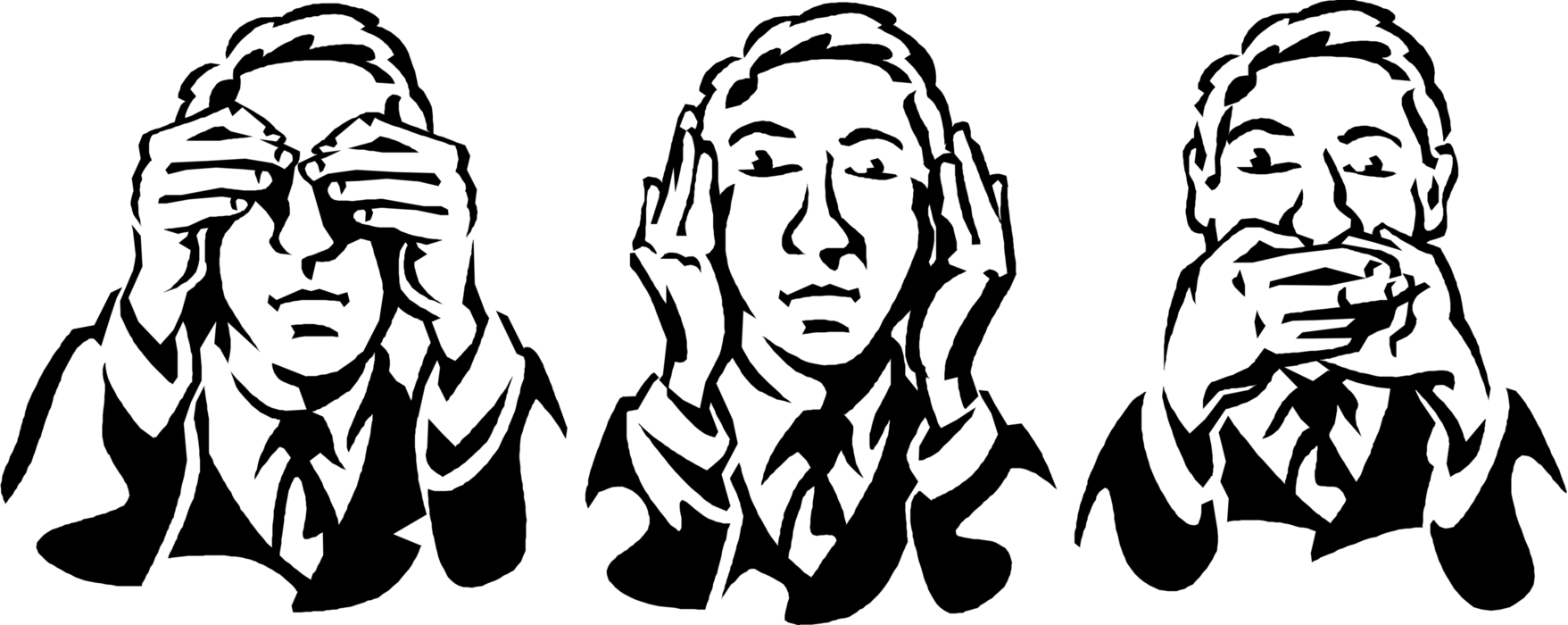 Vector Illustration of Businessman Places Hands in See No Evil, Hear No Evil, Speak No Evil