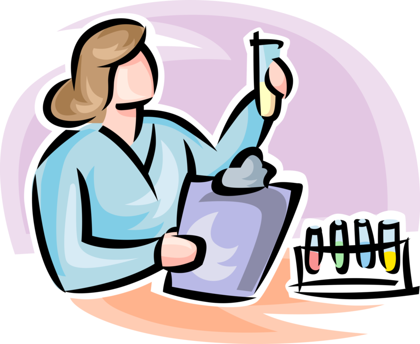 Vector Illustration of Female Scientist with Science Laboratory Glassware Test Tube and Clipboard Portable Writing Surface