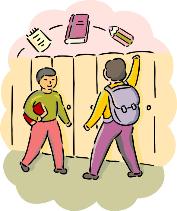 Vector Illustration of High School Students Walk by Schoolbook Storage Lockers in Hallway