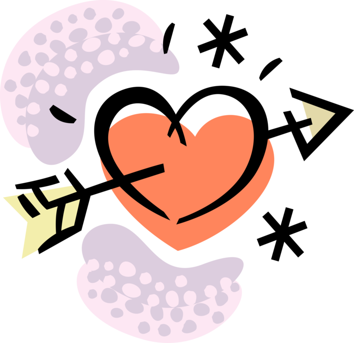 Vector Illustration of Valentine's Day Sentimental Love Heart Expression of Affection Pierced by Cupid's Arrow