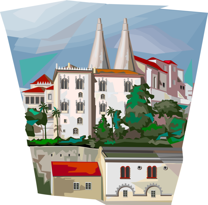 Vector Illustration of Palace of Sintra or Town Palace Medieval Royal Residence, Sintra, Portugal