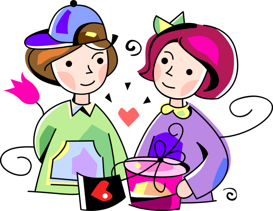 Vector Illustration of Young Love Sweethearts Boyfriend and Girlfriend Exchange Valentine's Day Gifts of Love