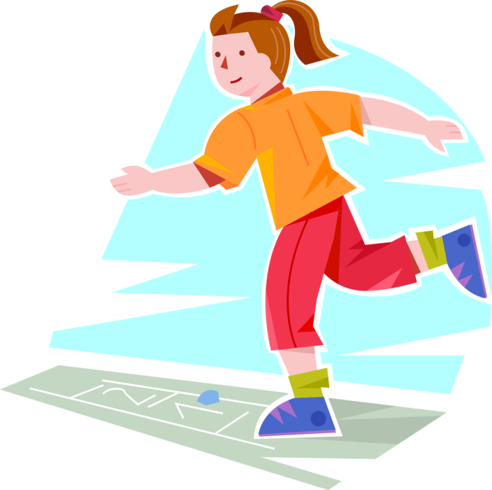 Vector Illustration of Primary or Elementary School Student Girl Plays Hopscotch Playground Game