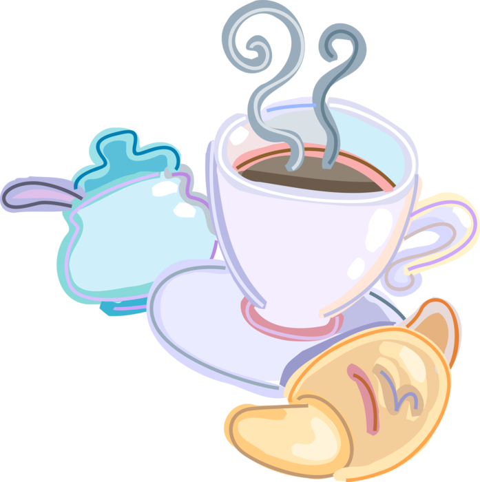 Vector Illustration of Cup of Hot Coffee with Croissant Pastry and Sugar Bowl