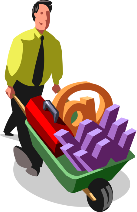 Vector Illustration of Businessman Pushes Wheelbarrow with Online Internet Website Building Tools