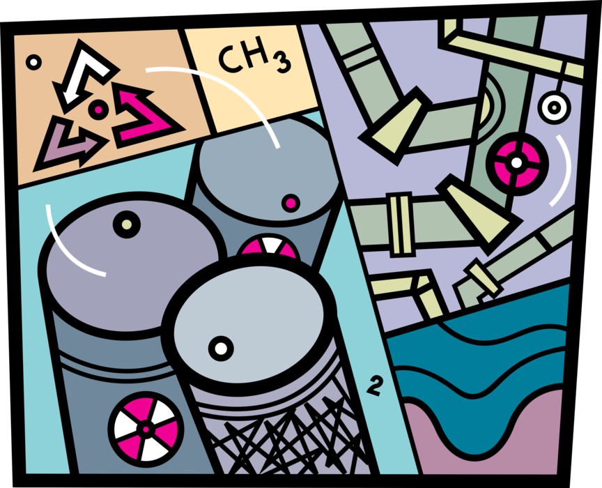 Vector Illustration of Hazardous Toxic Chemical Storage Containment Barrels with Fossil Fuel Distribution Pipeline 