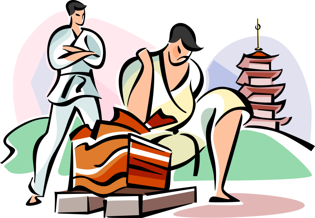 Vector Illustration of Japanese Martial Arts Karate Expert Breaking Boards