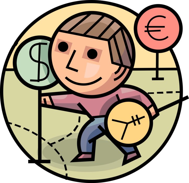 Vector Illustration of Man with International Currency Dollar, Euro and Yen Traffic Road Symbols