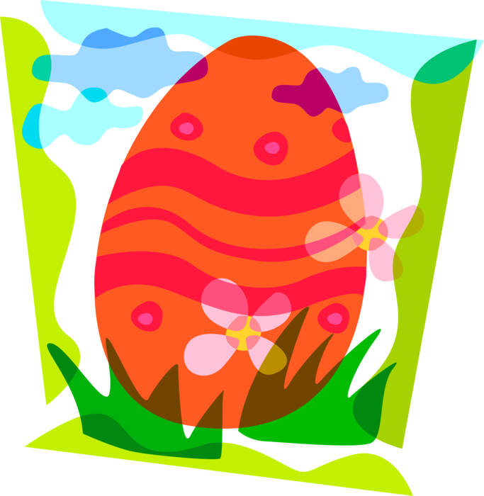 Vector Illustration of Colored Decorated Easter Egg with Spring Flowers